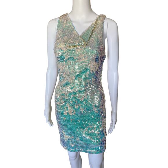 H&M Womens Size XS Sleeveless Clear Iridescent Sequined Cowl Neck Sheath Dress - Picture 5 of 8